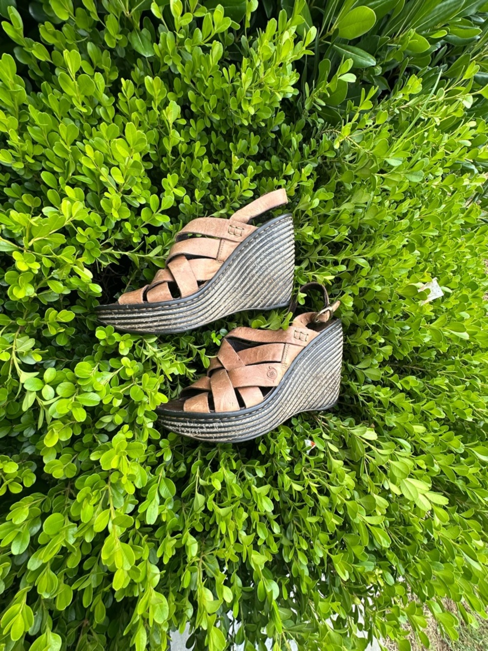 •Born Brown Leather Wedge Sandals Shoes 4" Heel Strappy Opanka Size 8 preowned
